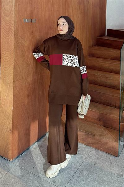 Desenli Triko Takım Acı Kahverengi