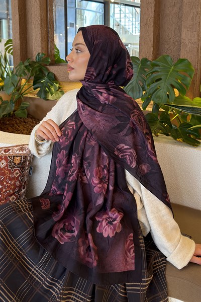 Çiçek Desen Bambu Şal Mürdüm