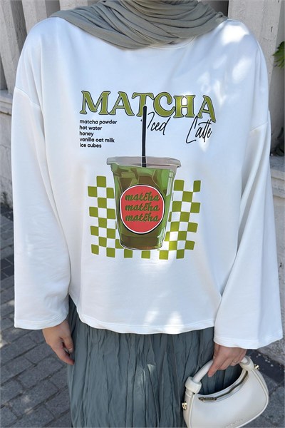 Basic Oversize Matcha Baskılı Bluz Beyaz