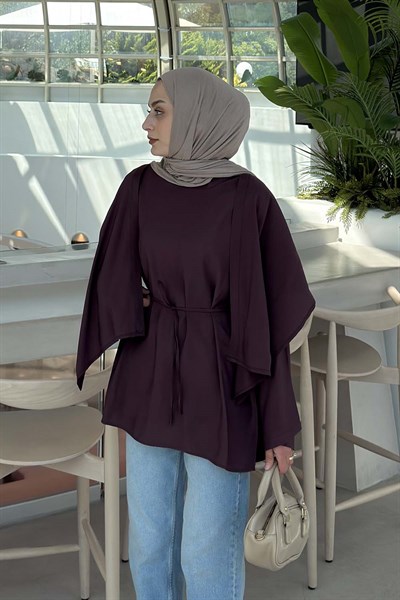 Pelerin Detaylı Oversize Tunik Mürdüm