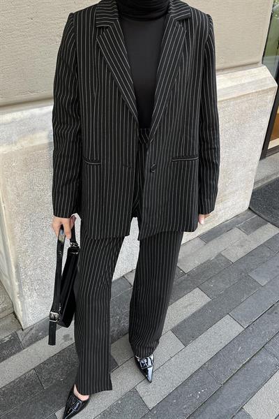 Çizgili Ceket Tesettür Takım Siyah