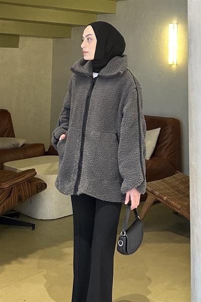 Biye Detaylı Tedy Peluş Mont Antrasit