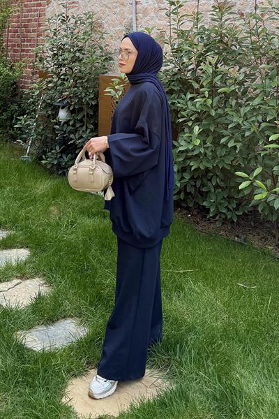 Kapşonlu Pantolonlu İkili Tesettür Takım Koyu lacivert
