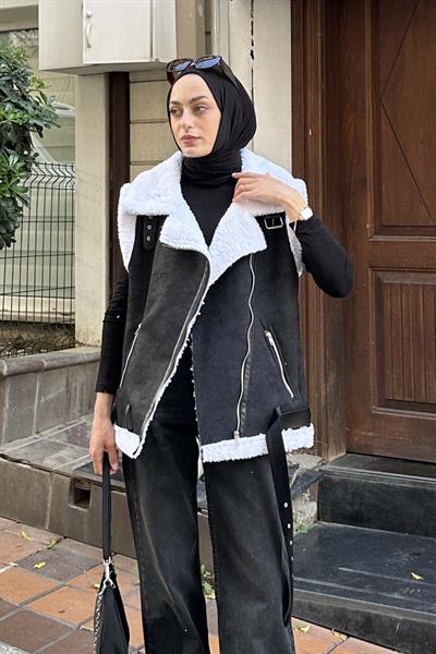 Kürk Detaylı Süet Yelek Beyaz