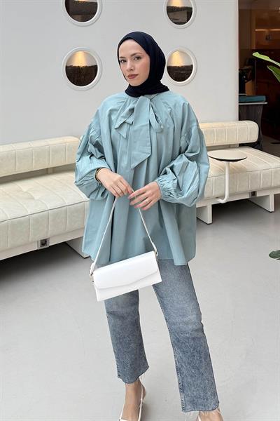 Yaka Fular Detaylı Gömlek Mint Yeşili