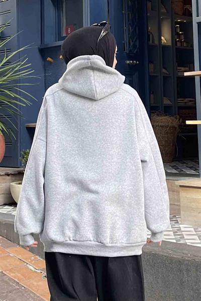 Kapüşonlu Oversize Yan Cepli Sweat Gri