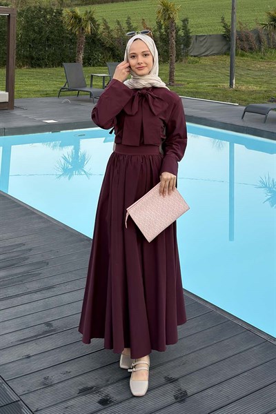 Kravat Yaka Tesettür Takım Mürdüm