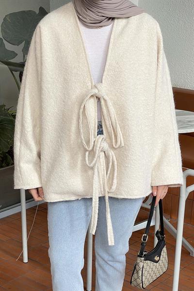 Bağlamalı Kaşe Kimono Ekru