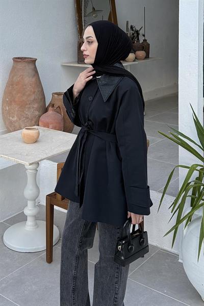Garni Yaka Trençkot Siyah