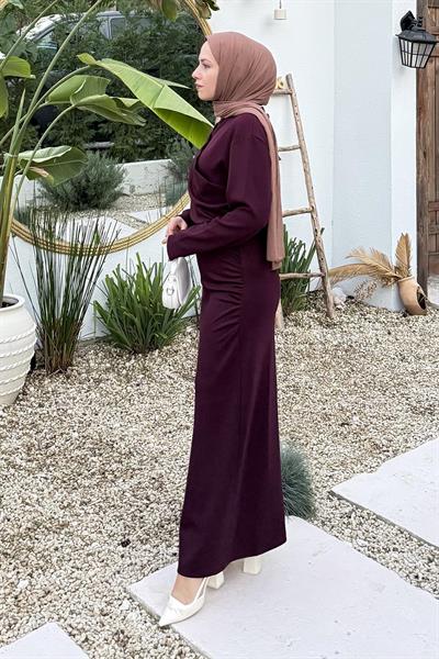 Büzgülü Tesettür Elbise Mürdüm