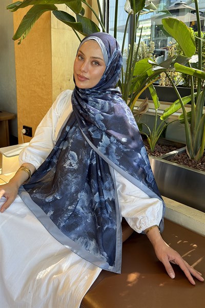 Gül Çiçek Desen Lara Soft Şal Lacivert