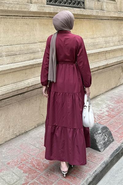 Yarım Düğme Detaylı Terikoton Elbise Bordo