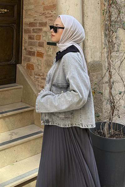 Çıtçıtlı Denim Ceket Gri
