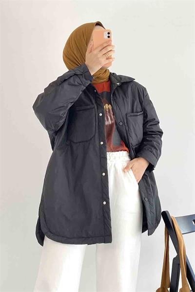 Çift Cepli Boydan Düğmeli Gizli Cepli Mont Siyah