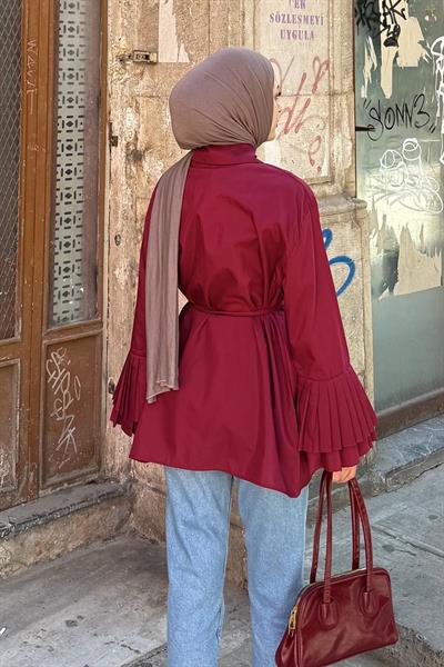 Piliseli Uzun Gömlek Bordo