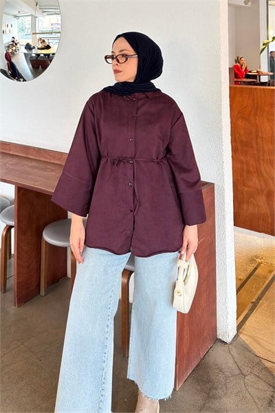 Bağlama Detaylı Süet Gömlek Mürdüm