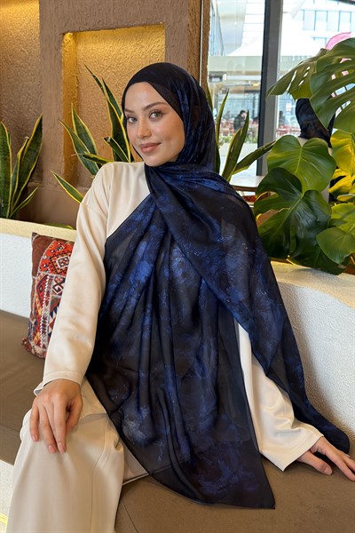 Gül Çiçek Desen Ferah Şal Lacivert