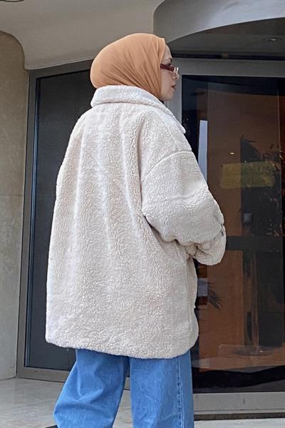 Kol Detaylı Fermuarlı Teddy Mont Taş