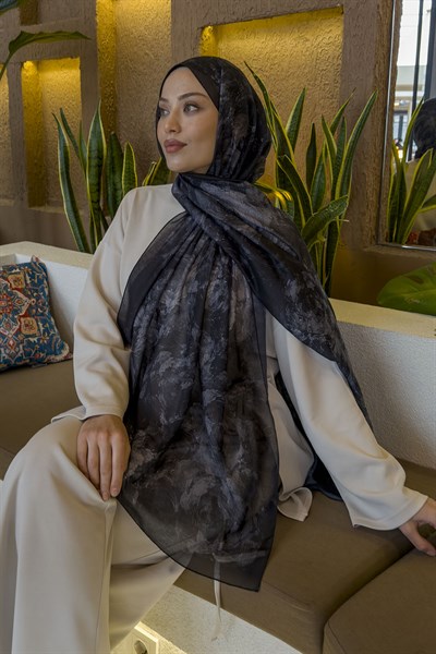Gül Çiçek Desen Ferah Şal Siyah
