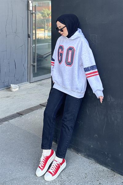 Go Baskılı Üç İplik Sweat Gri