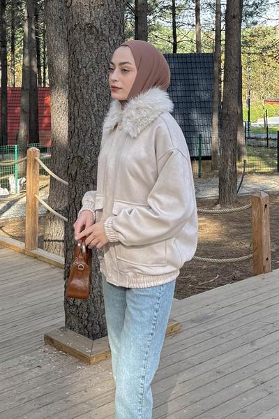 Kürk Yaka Cepli Mont Bej