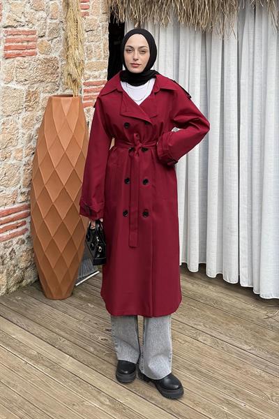 Reglan Kol Düğmeli Trenç Bordo