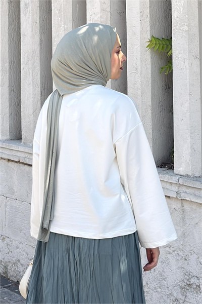 Basic Oversize Matcha Baskılı Bluz Beyaz
