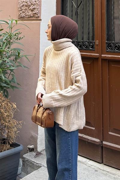 Balıkçı Yaka Kazak Bej