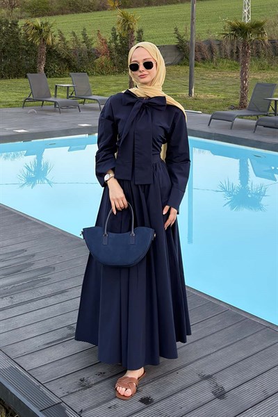 Kravat Yaka Tesettür Takım Lacivert