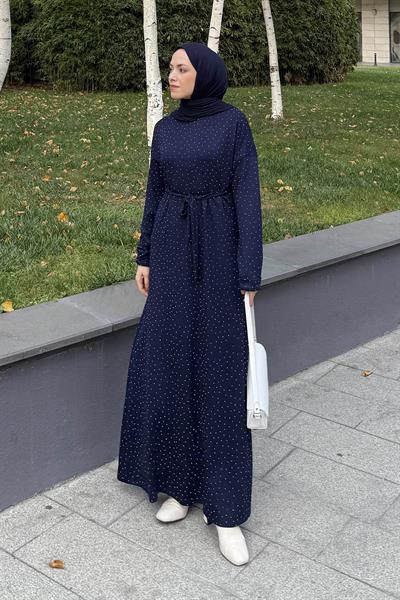 Taş Detaylı Tesettür Elbise Lacivert
