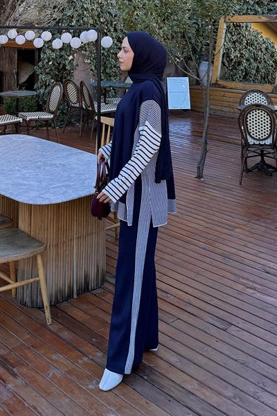 Yan Çizgili Panço Tesettür Takım Lacivert