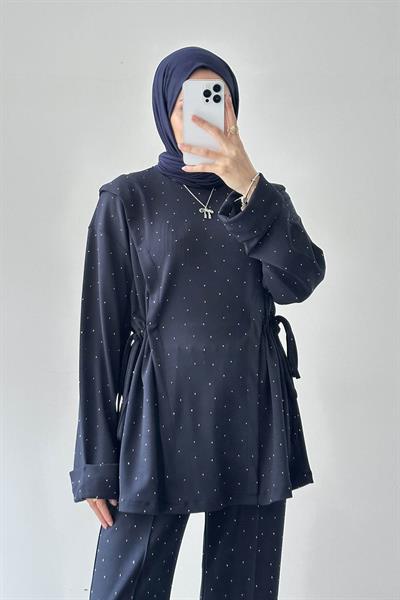 Tünel Detaylı Taşlı Takım Lacivert