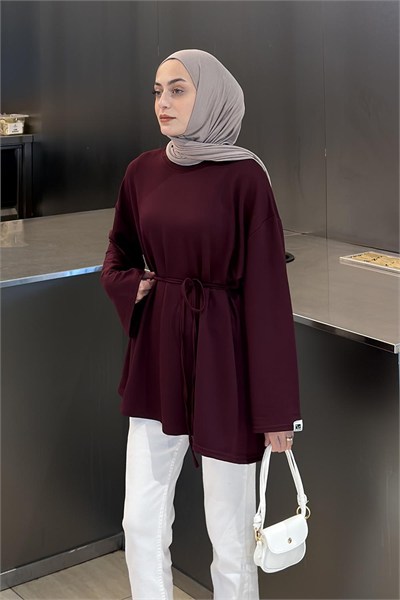 Kol Arma Detaylı Belden Bağlamalı Tunik Bordo