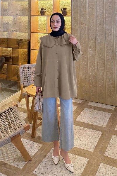Bebe Yaka Dantel Detaylı Gömlek Soft Kahve