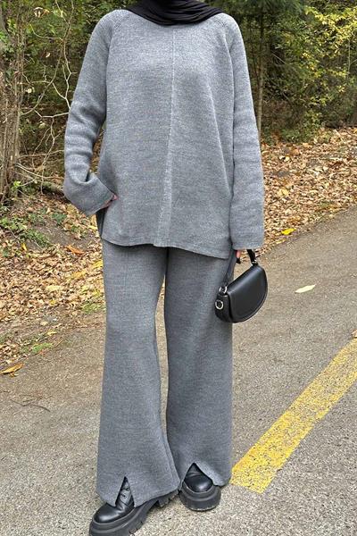 Basic Pantolon Önü Yırtmaçlı Triko Tesettür Takım Gri