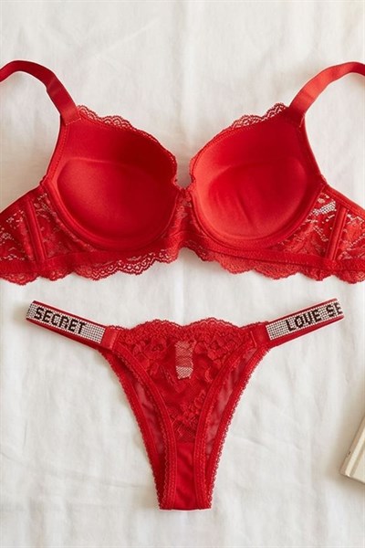 Dantel Taşlı Destekli Sütyen Takımı Kırmızı