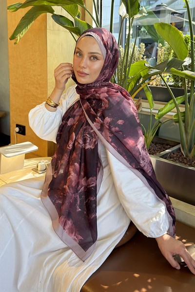 Gül Çiçek Desen Lara Soft Şal Koyu Bordo