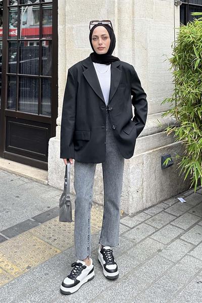 Kapak Cep Blazer Ceket Siyah