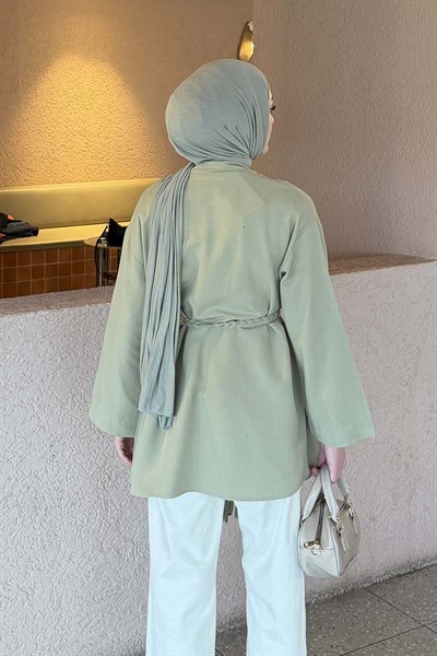 Örgü Bağlamalı Kimono Ceket Çağla Yeşili