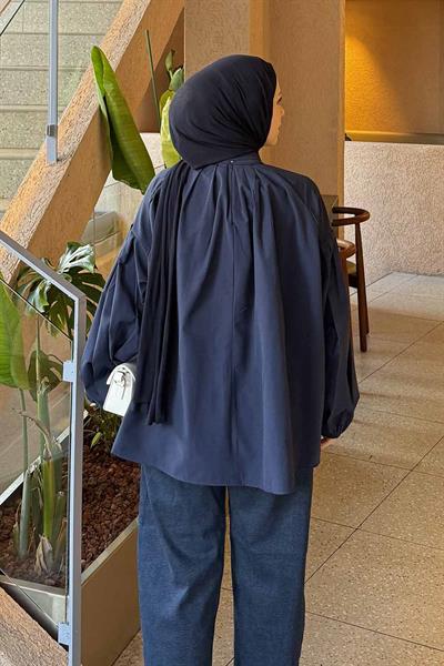 Yaka Fular Detaylı Gömlek Koyu Lacivert