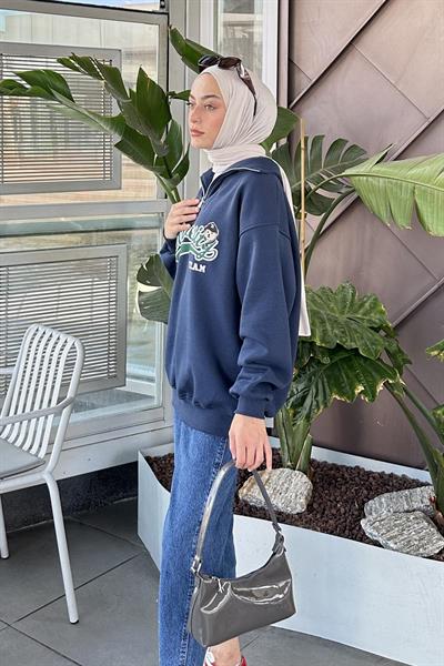 Universiy Baskılı Üç İplik Sweat Lacivert