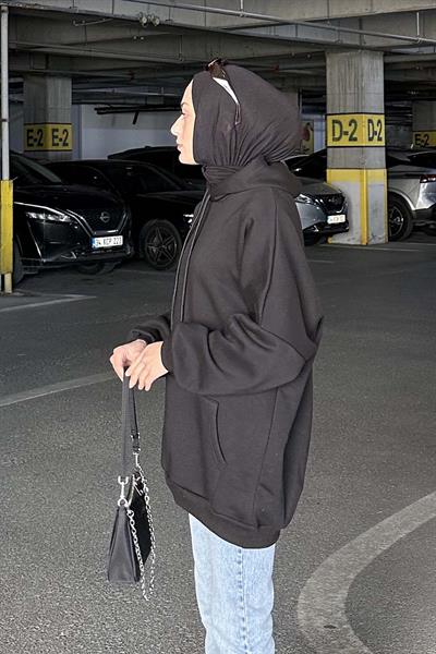 Üç İplik Kanguru Cep Sweatshirt Siyah