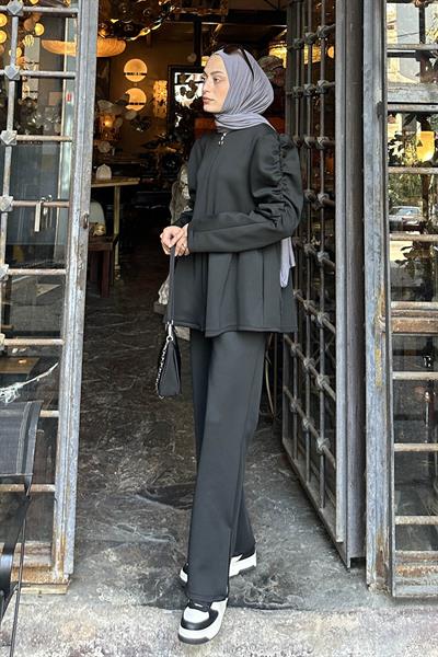 Volan Detaylı İkili Scuba Takım Siyah