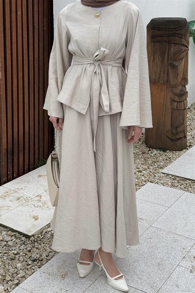 Bağcıklı Etek-Bluz İkili Takım Bej