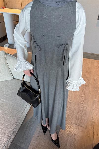 Düğmeli Yelekli Takım Gri