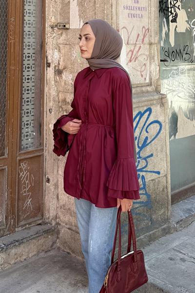 Piliseli Uzun Gömlek Bordo