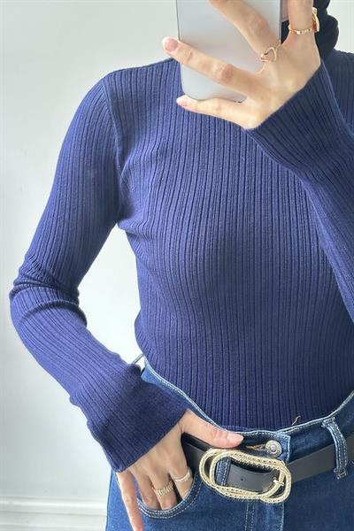 Bisiklet Yaka Fittilli Triko Body Lacivert