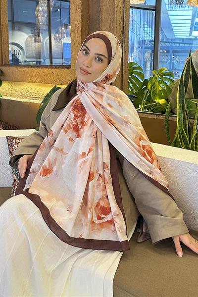 Gül Desen Bambu Şal Kahverengi