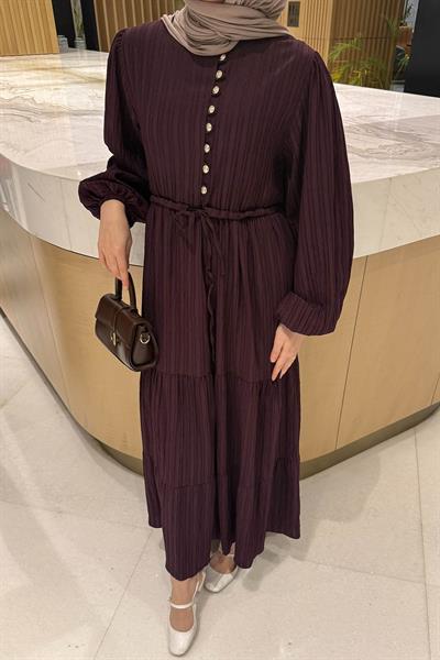 Biritli Tesettür Elbise Mürdüm