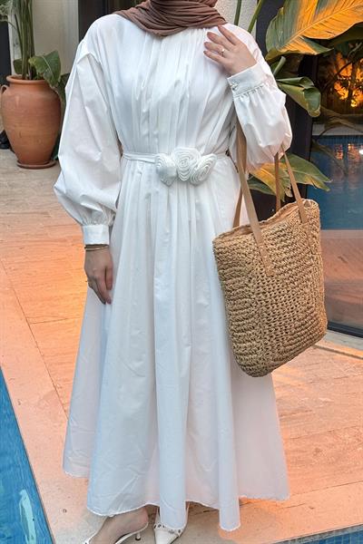 Pileli Poplin Elbise Beyaz